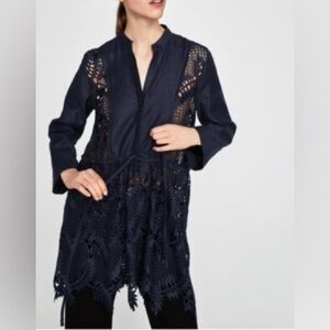 Zara Size S Navy Blue Linen Tunic with Embroidered Lace Semi Sheer Leaf Pattern